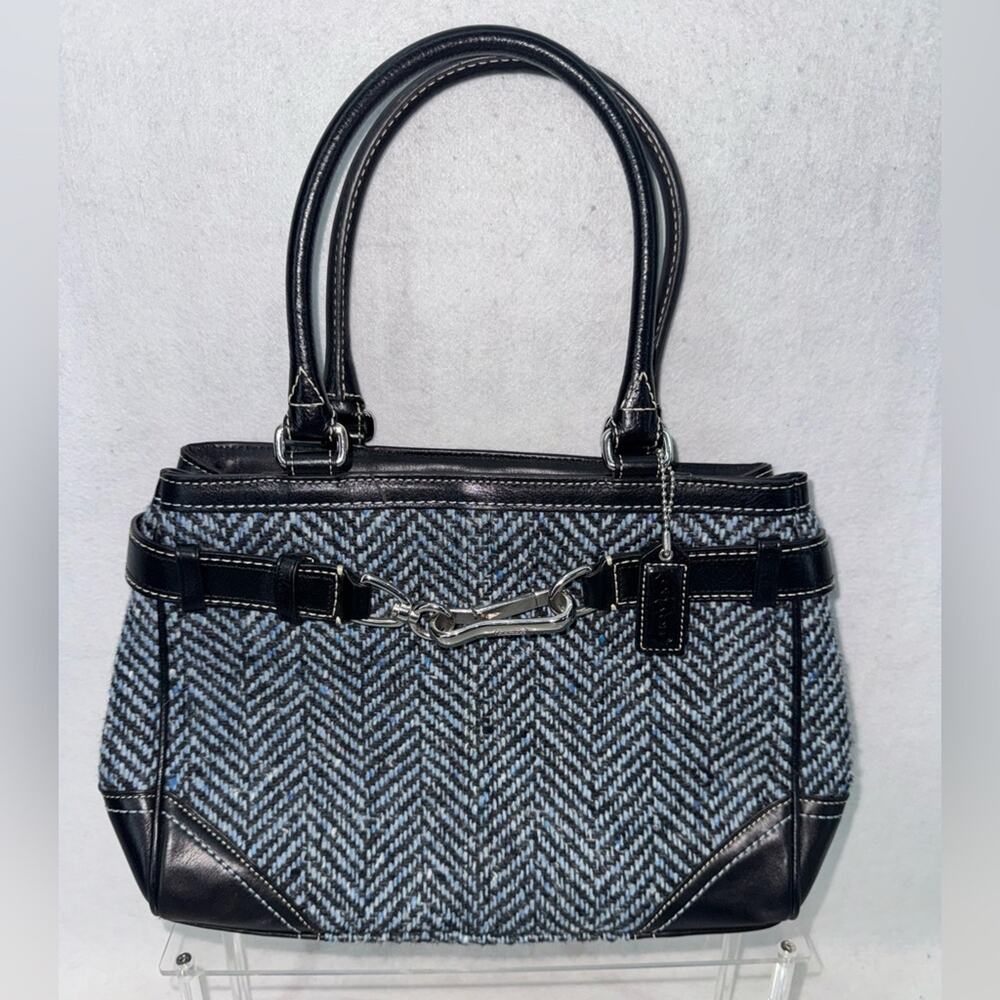 Coach F11215 Hampton Satchel Blue Black Wool Tweed Leather Bag Y2K